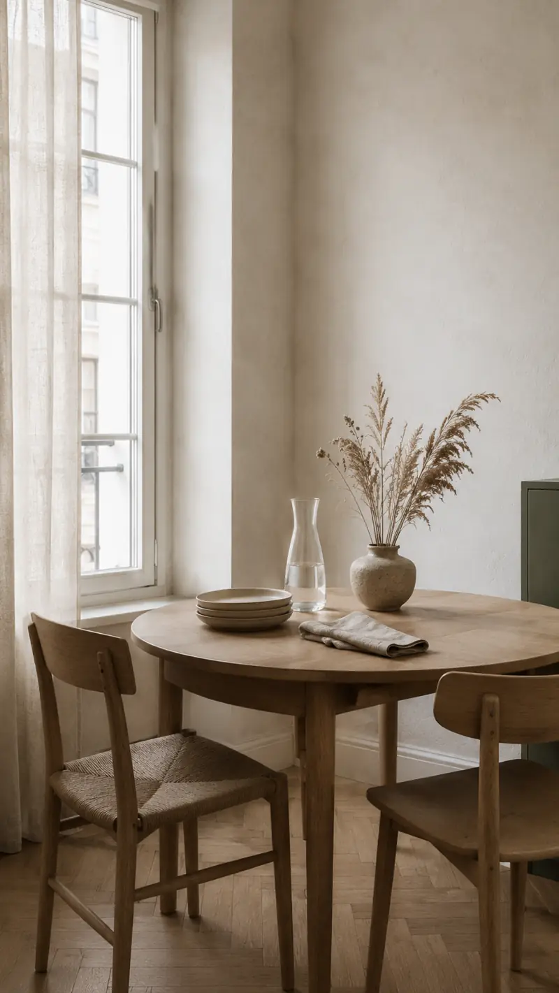 Mesa de comedor puesta con vajilla y textiles