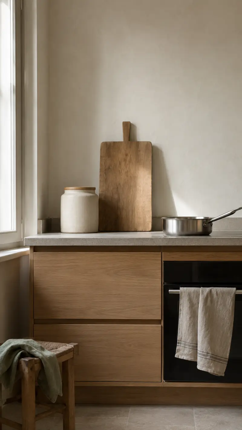 Cocina con tarro de cerámica, tabla de madera y cazo de acero